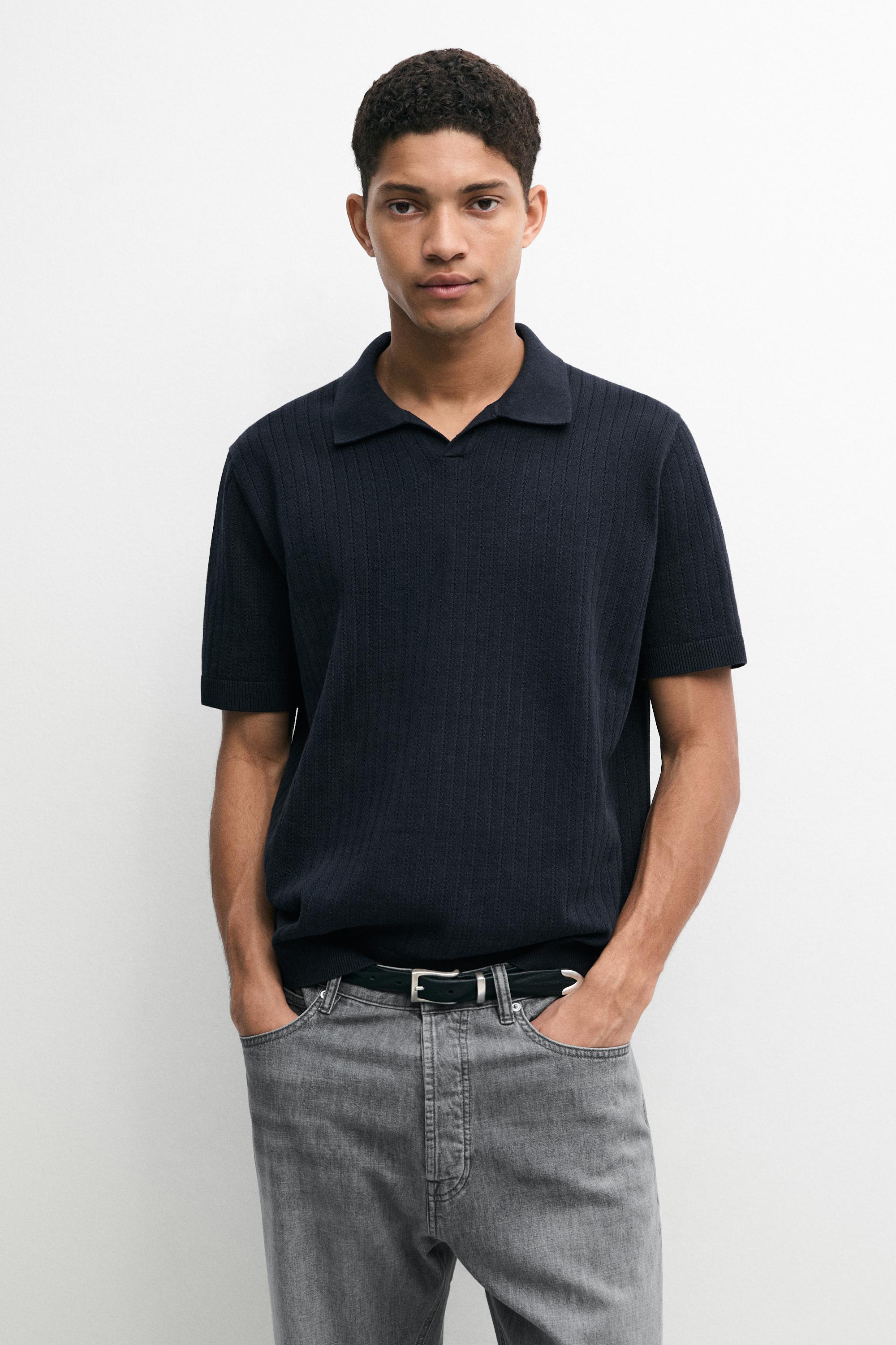 Cotton blend knit V-neck polo sweater